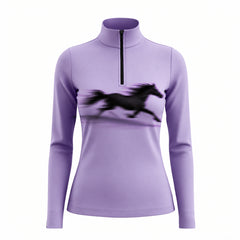 Light purple long sleeve quarter zip riding top with a flat printed black galloping horse on the front chest