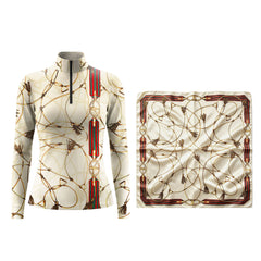 Cream Base Equestrian Horse Bit Bridle Tassel All‑Over Print Long‑Sleeve Quarter‑Zip Riding Top | Free Matching Design Scarf Gift