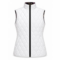 White diamond quilted side of a reversible vest with a standing collar, black center front zipper, and two diagonal side pockets