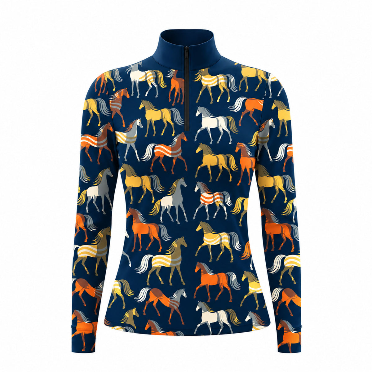 Navy blue long sleeve quarter zip riding top with all over stylized horse print in orange, golden yellow, white, and gray, shown flat with a stand collar and black quarter zip