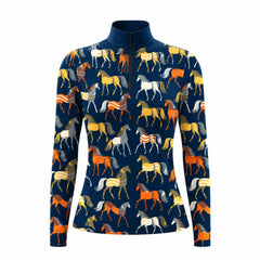 Navy blue long sleeve quarter zip riding top with all over stylized horse print in orange, golden yellow, white, and gray, shown flat with a stand collar and black quarter zip