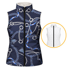 Navy blue reversible quilted equestrian vest with silver chain print, standing collar and full length black zipper