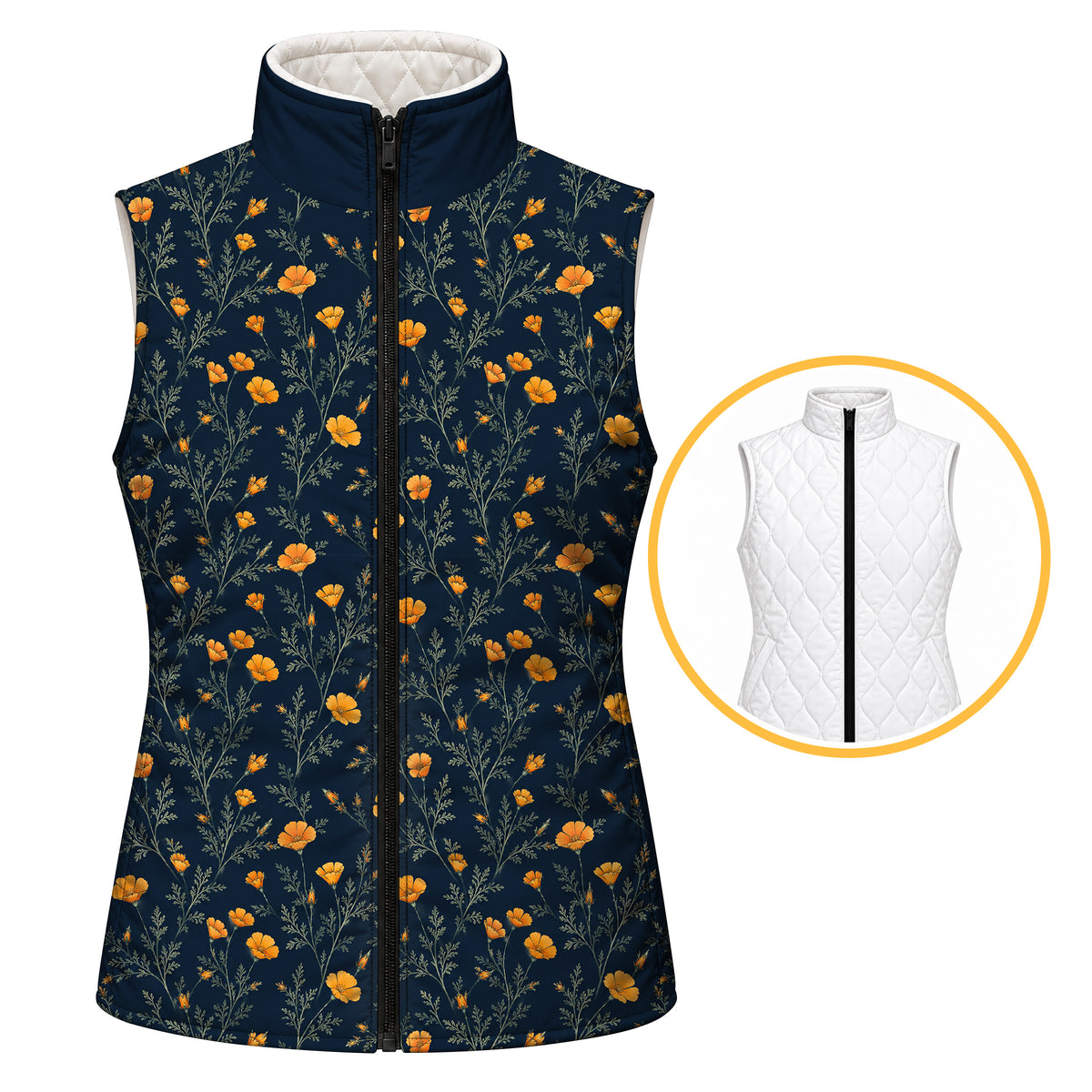 Navy floral print side and solid white diamond quilted side of a reversible sleeveless vest with a full length black zipper