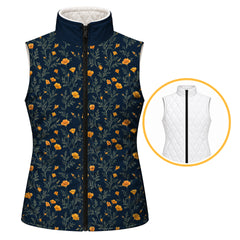 Navy floral print side and solid white diamond quilted side of a reversible sleeveless vest with a full length black zipper