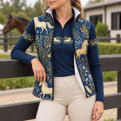 Navy horse and floral print vest with standing collar and black center front zipper in a stable setting