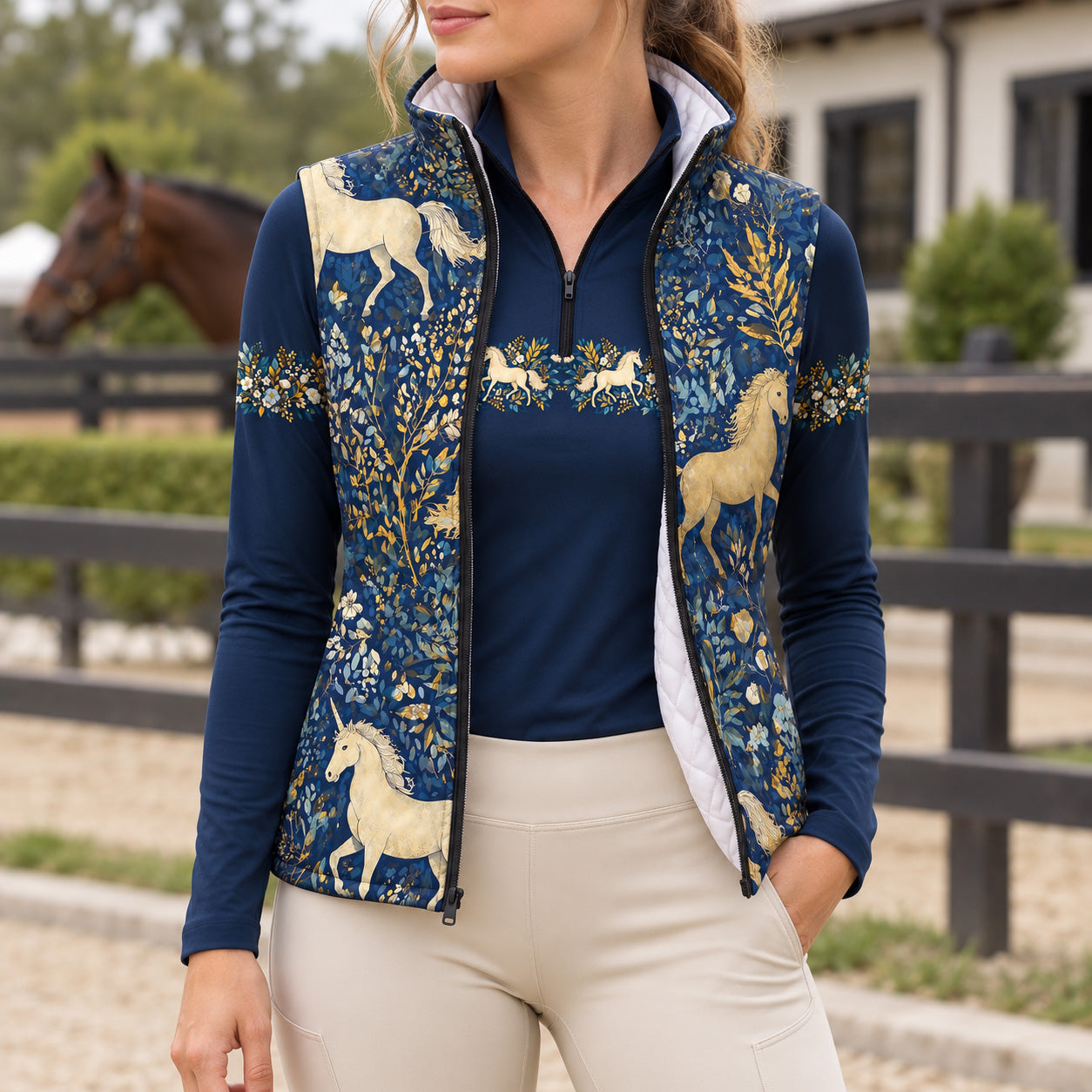 Close up of navy horse and floral print vest with standing collar and black center front zipper