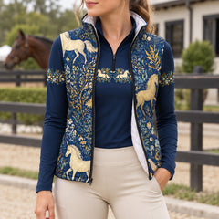 Close up of navy horse and floral print vest with standing collar and black center front zipper
