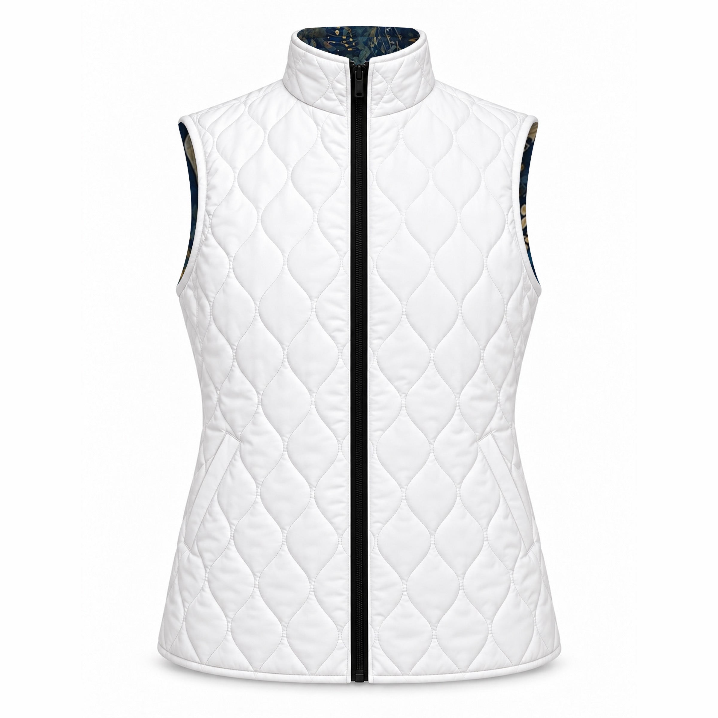 White diamond quilted reverse side of vest with standing collar, black center front zipper, and two diagonal side pockets