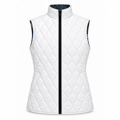 White diamond quilted reverse side of vest with standing collar, black center front zipper, and two diagonal side pockets