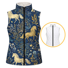 Navy reversible quilted equestrian vest with cream and golden horse and floral print