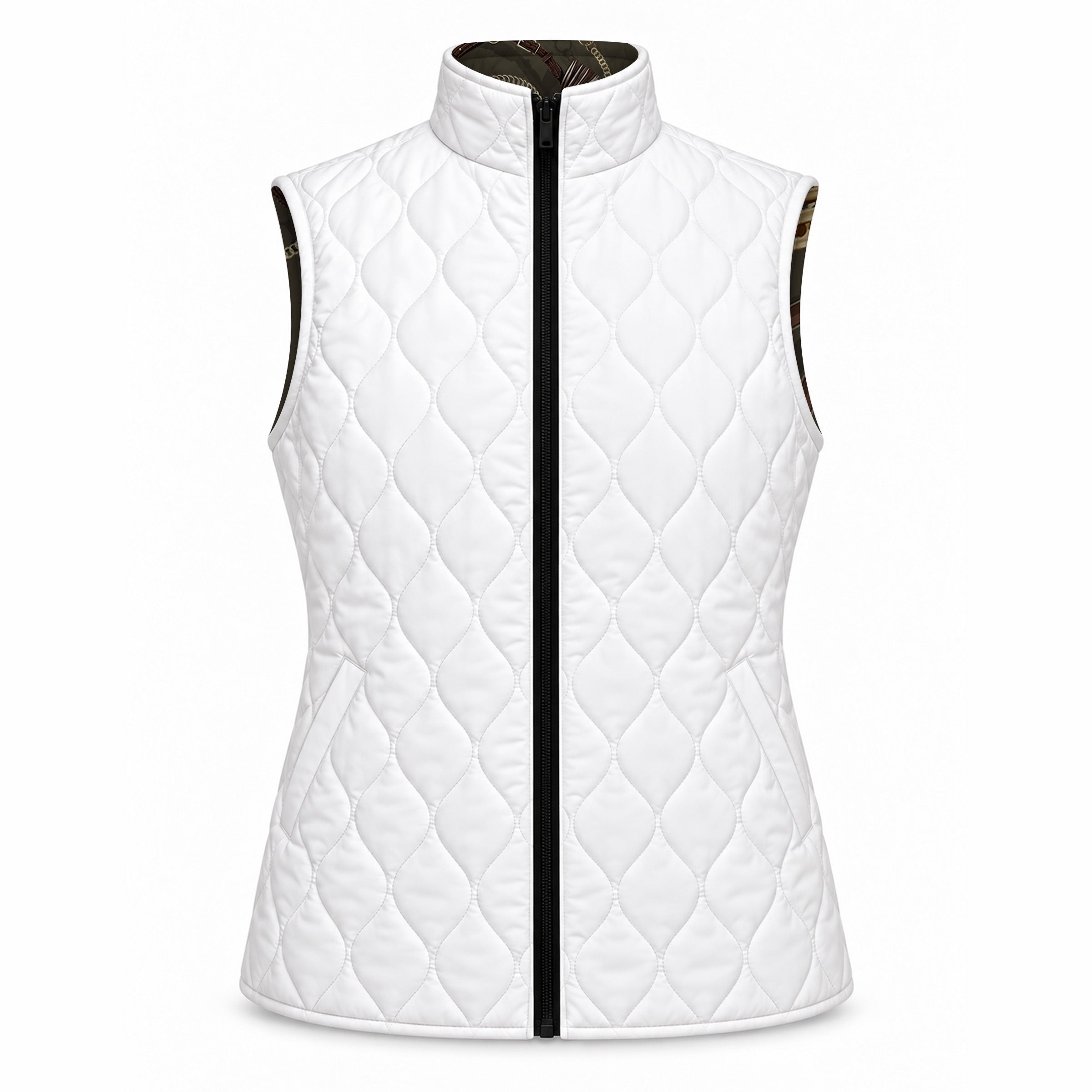 White diamond quilted side of the reversible vest with two diagonal slit pockets and black center zipper