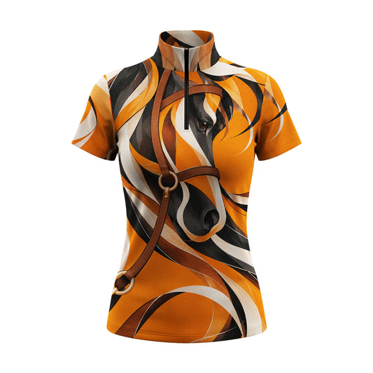 Flat studio front view of the orange horse print short sleeve quarter zip riding top on a white background