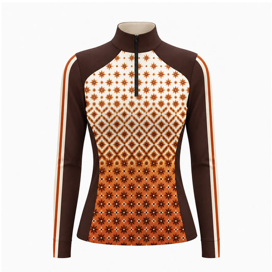 Flat studio front view of the orange color block long sleeve quarter zip riding top