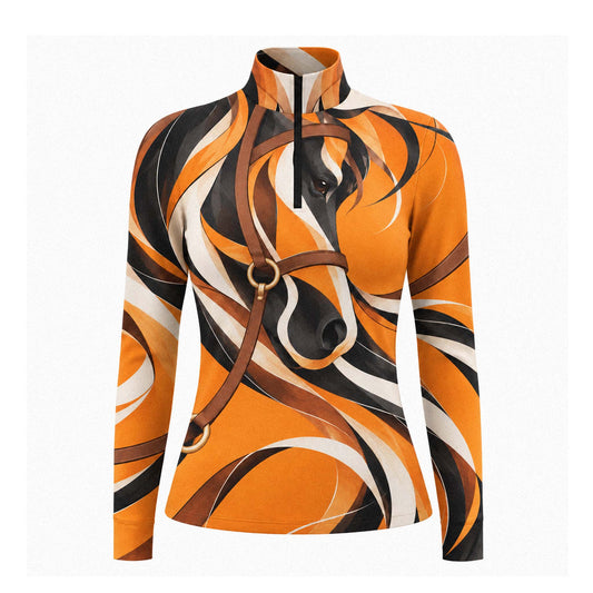 Flat view of bright orange long sleeve riding top with centered horse head print, stand up collar with quarter zip closure, long sleeves, and straight fitted hem