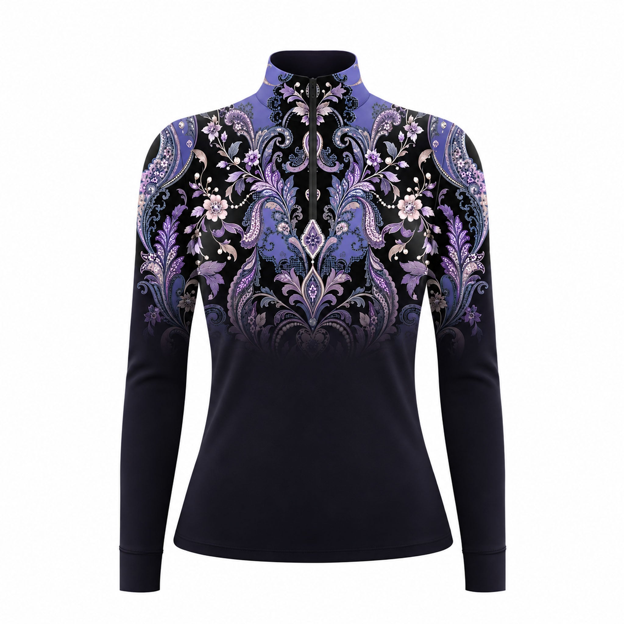 Long sleeve quarter zip riding top with a symmetrical floral and paisley print across the upper chest and shoulders