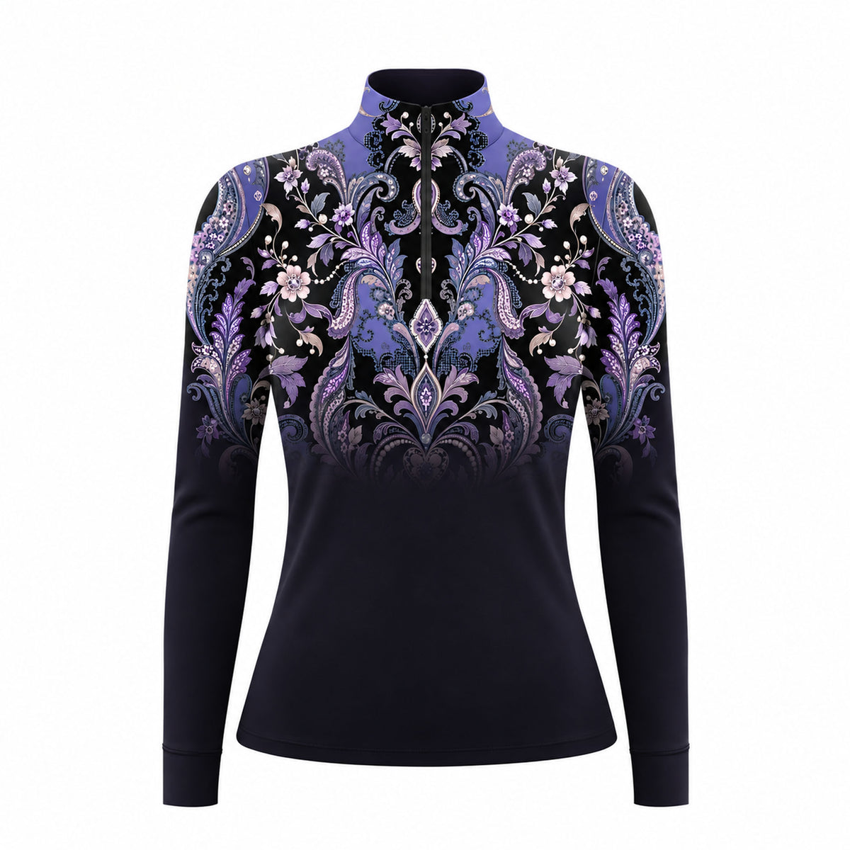 Long sleeve quarter zip riding top with a symmetrical floral and paisley print across the upper chest and shoulders