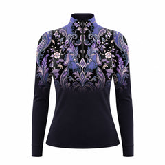 Long sleeve quarter zip riding top with a symmetrical floral and paisley print across the upper chest and shoulders
