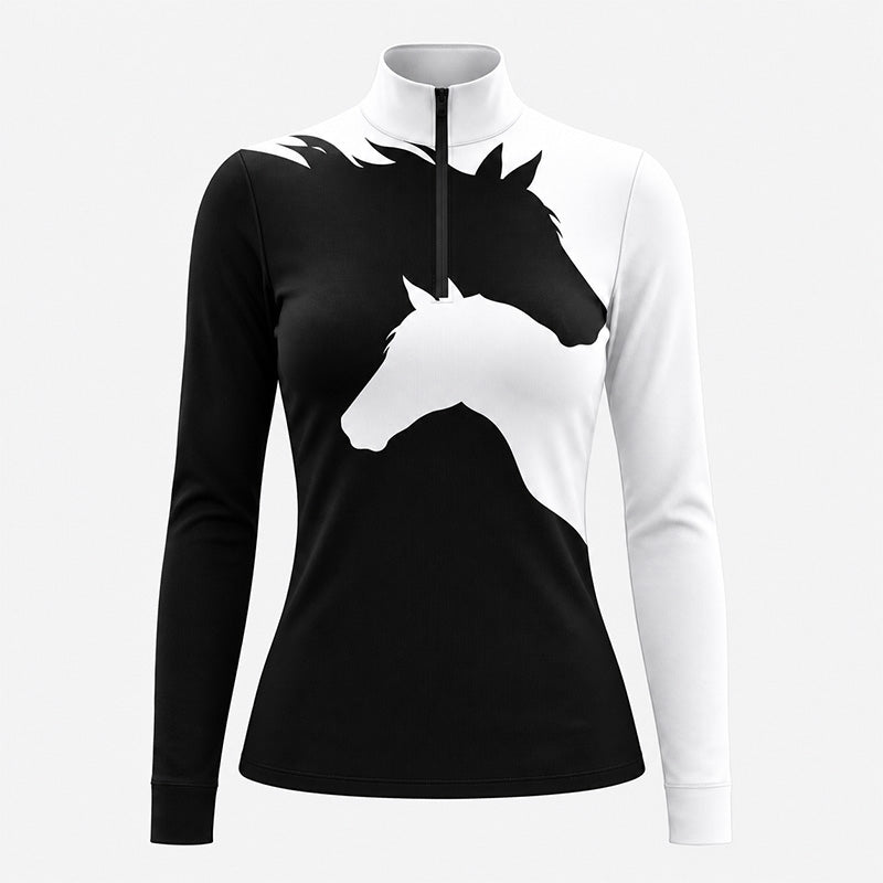 Front view of a black and white long sleeve quarter zip riding top with overlapping horse head silhouettes