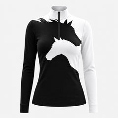 Front view of a black and white long sleeve quarter zip riding top with overlapping horse head silhouettes