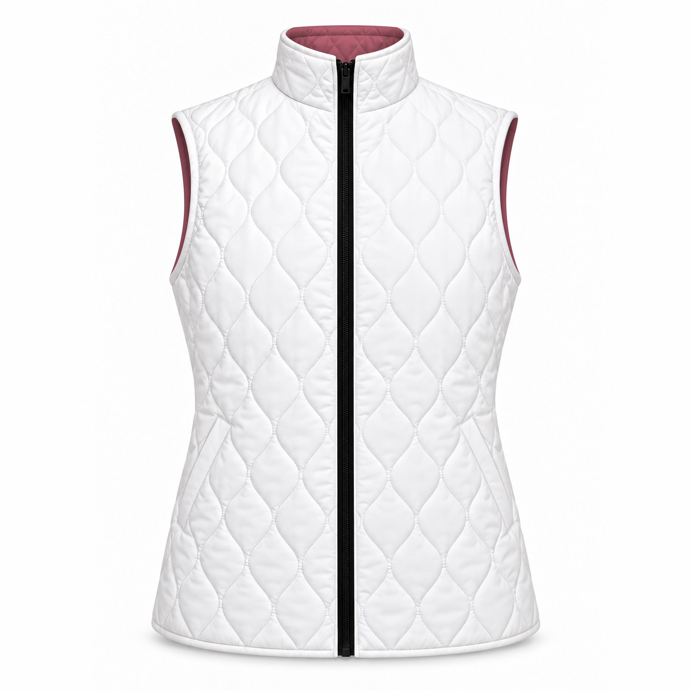 White diamond quilted reverse side of reversible equestrian vest with full length black zipper and two diagonal side entry pockets