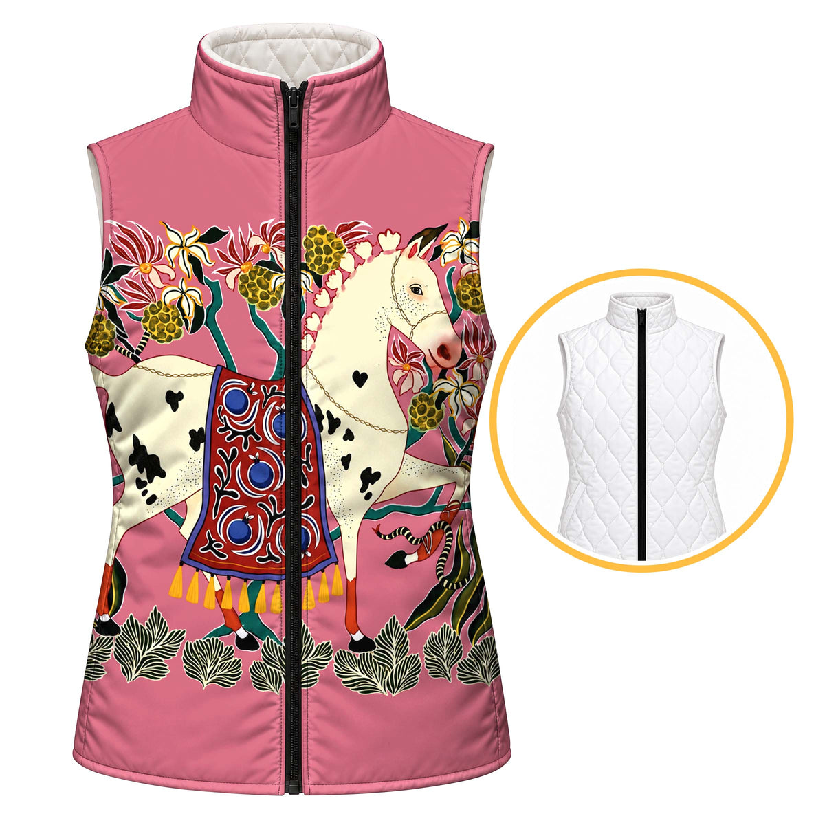 Pink reversible quilted equestrian vest with cream spotted horse print, red saddle blanket, colorful flowers, and center front black zipper