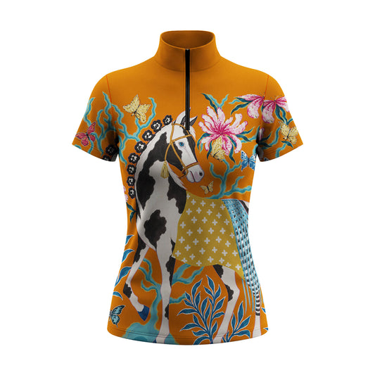 Warm orange short sleeve quarter zip riding top with pinto horse and floral print