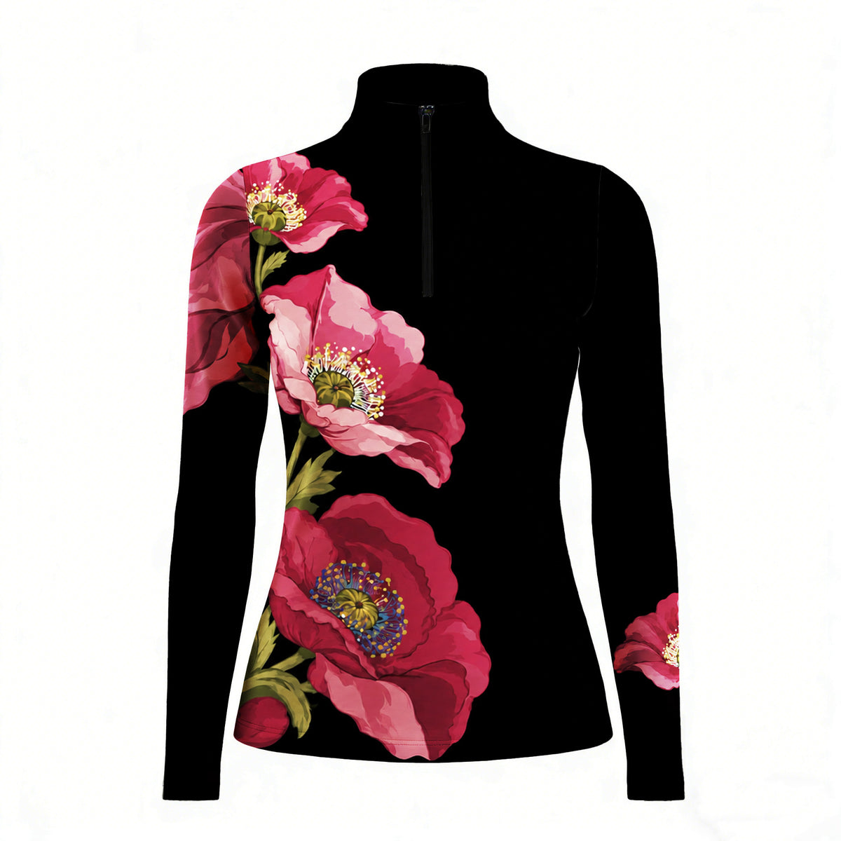 Black long sleeve quarter zip riding top with pink and red poppy floral print on the right side and left forearm