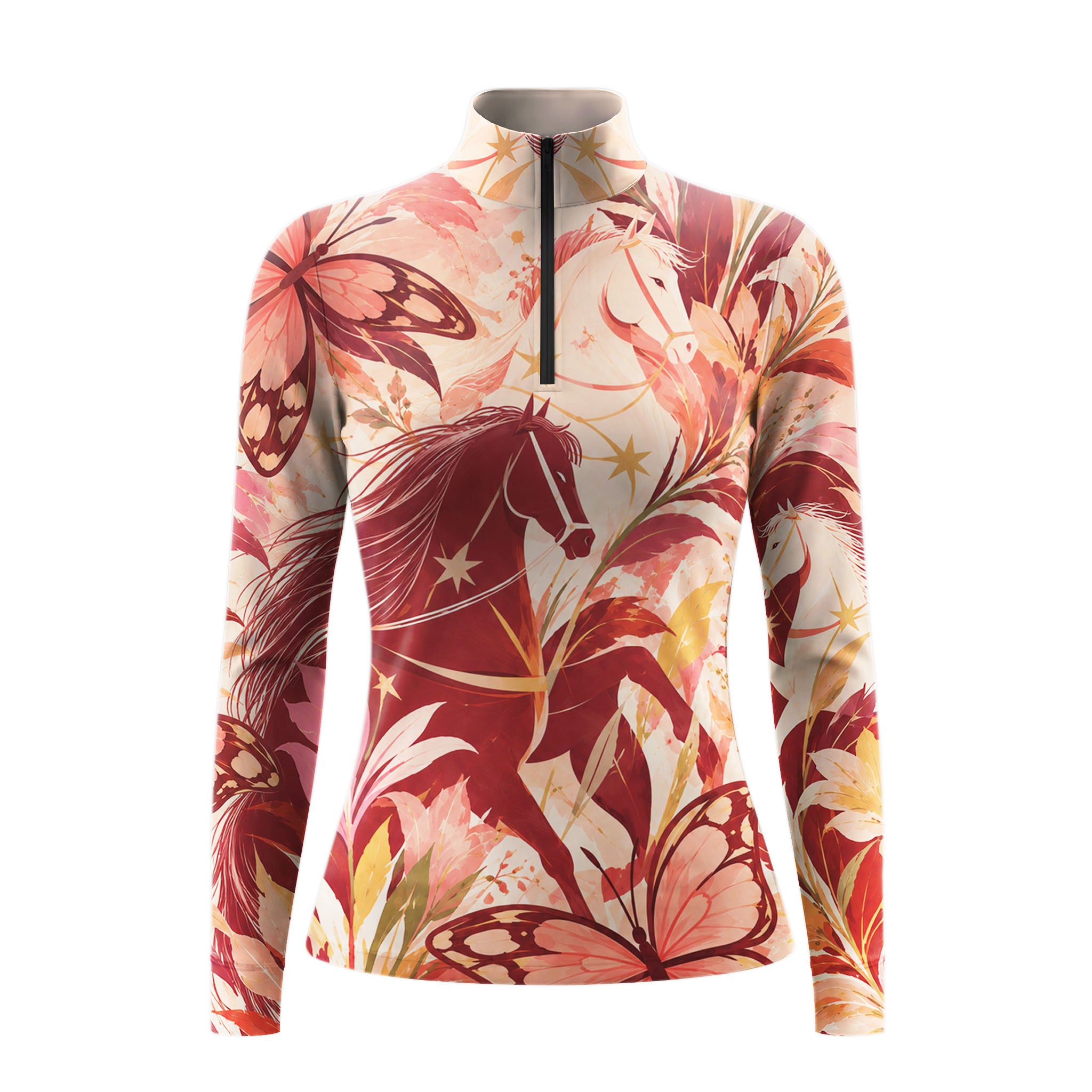 Cream long sleeve quarter zip riding top with a prancing deep red horse on the front chest, butterfly and floral print, standing collar and fitted silhouette