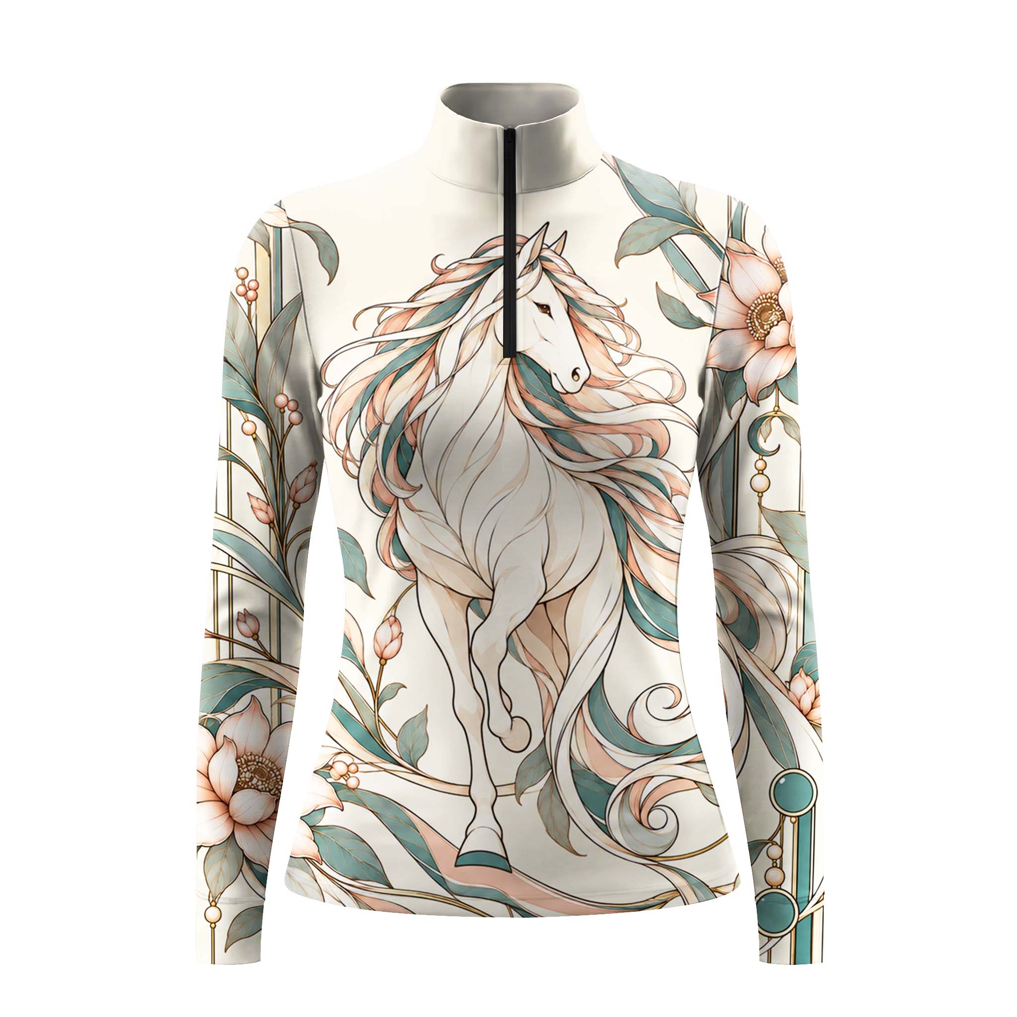 Cream long sleeve quarter zip riding top with a large prancing horse and floral print across the front