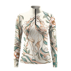 Cream long sleeve quarter zip riding top with a large prancing horse and floral print across the front