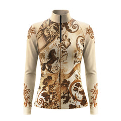 Long sleeve quarter zip riding top in light beige with a rearing dark brown horse and brown floral print on the front