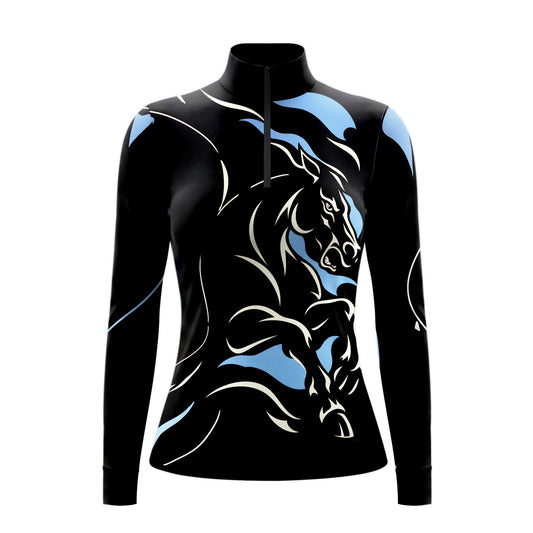 Black long sleeve quarter zip riding top with a rearing horse print in off white and light blue