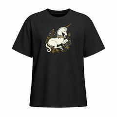 Black short sleeve T shirt with a white unicorn and floral wreath chest graphic