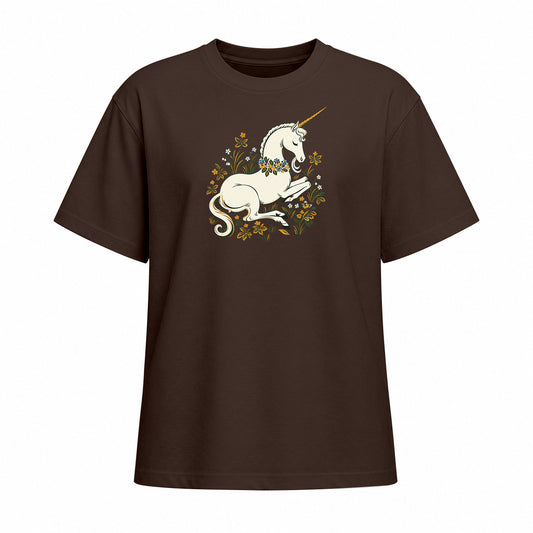 Chocolate brown short sleeve T shirt with a white unicorn and floral wreath chest graphic