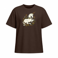 Chocolate brown short sleeve T shirt with a white unicorn and floral wreath chest graphic