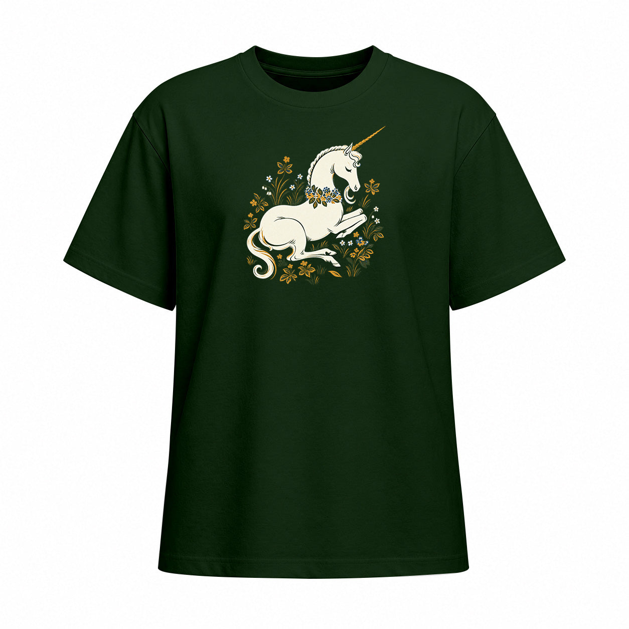 Forest green short sleeve T shirt with a white unicorn and floral wreath chest graphic