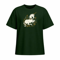 Forest green short sleeve T shirt with a white unicorn and floral wreath chest graphic