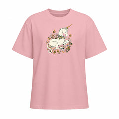 Light pink short sleeve T shirt with a white unicorn and floral wreath chest graphic