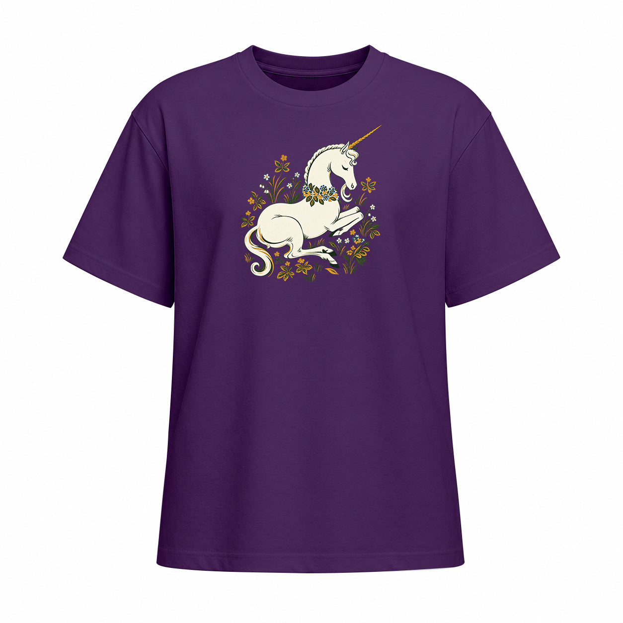 Purple short sleeve T shirt with a white unicorn and floral wreath chest graphic