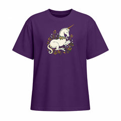 Purple short sleeve T shirt with a white unicorn and floral wreath chest graphic