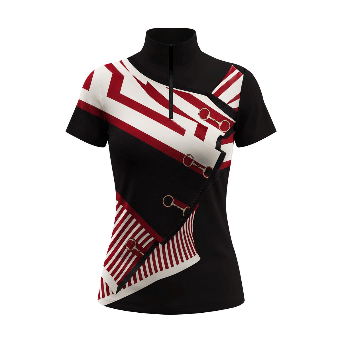 Black short sleeve quarter zip riding top with red and white geometric front panels and gold toned snaffle motifs