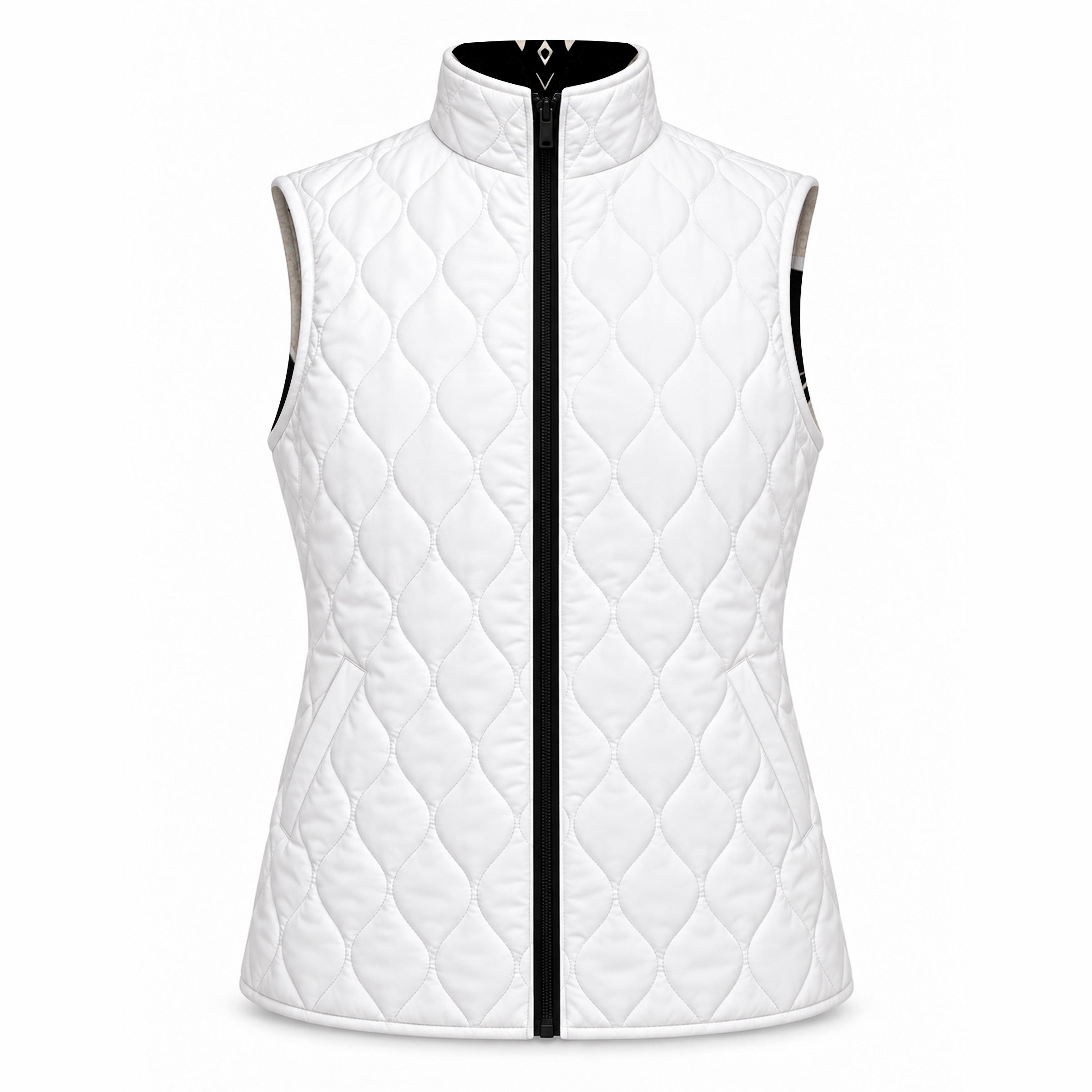 White quilted side of reversible vest with on point diamond stitching and two diagonal front slit pockets