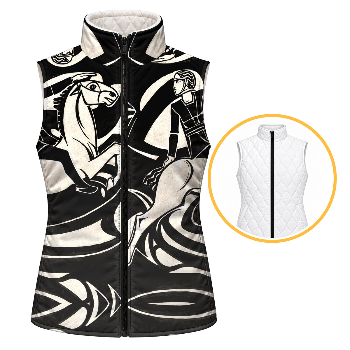 Black reversible quilted equestrian vest with off white horse and rider print, full length zipper, and standing collar