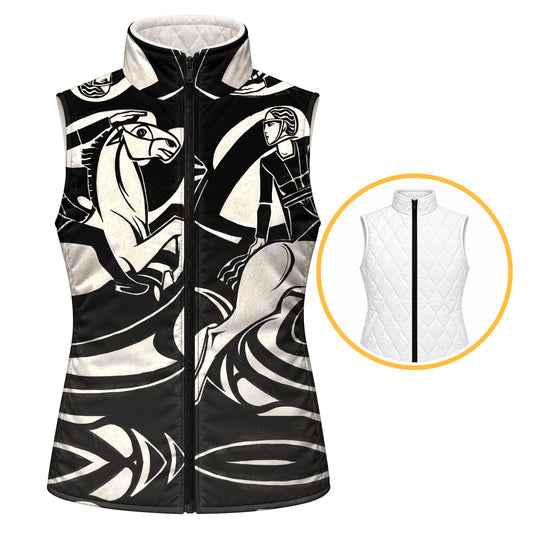 Black reversible quilted equestrian vest with off white horse and rider print, full length zipper, and standing collar
