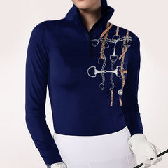 Original equestrian art print long sleeve zip top with bit and bridle pattern, artist-designed horse apparel