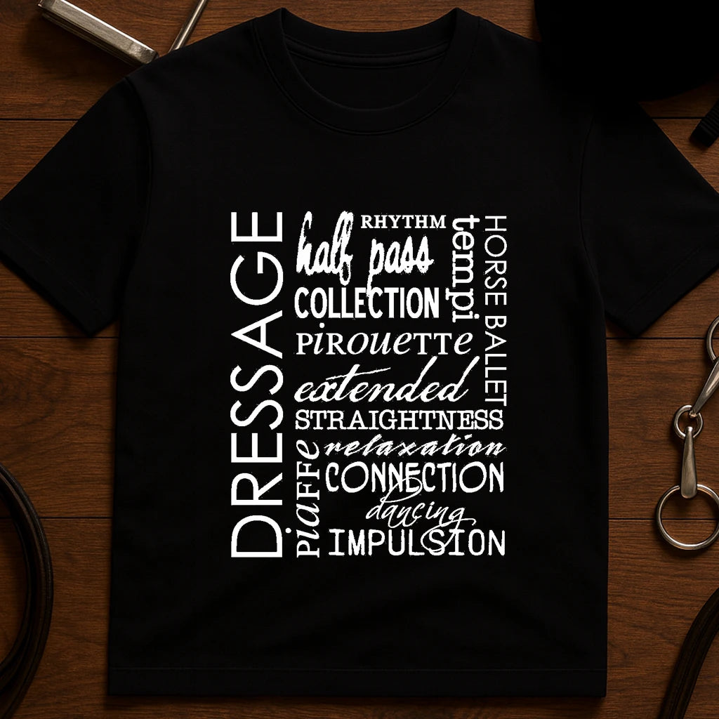 Black dressage terminology word cloud print cotton t-shirt, front view equestrian ballet tee