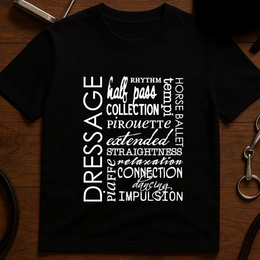 Black dressage terminology word cloud print cotton t-shirt, front view equestrian ballet tee