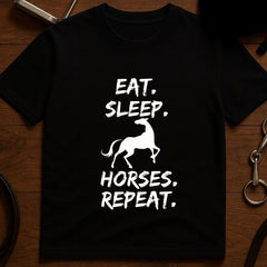 Black equestrian "Eat Sleep Horses Repeat" print cotton t-shirt, front view casual horse tee