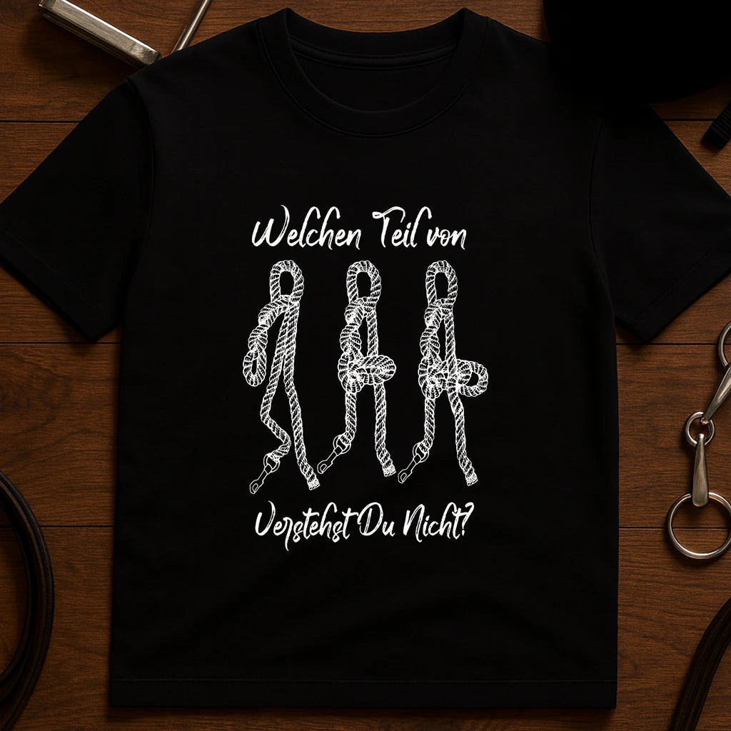 Black equestrian rope knot print cotton t-shirt with German "Welchen Teil von" text, front view casual horse tee