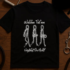 Black equestrian rope knot print cotton t-shirt with German "Welchen Teil von" text, front view casual horse tee